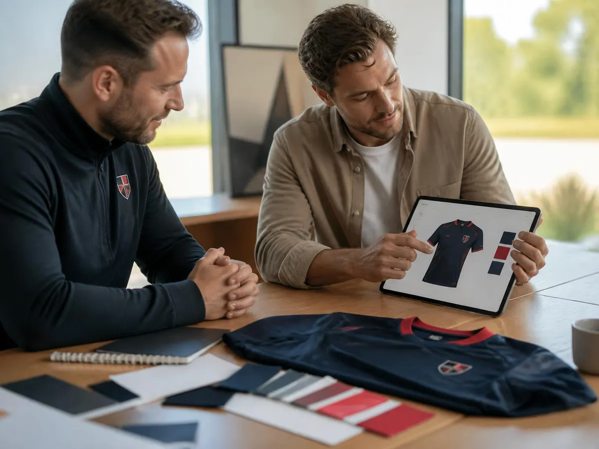 Beratungsgespräch zu Vereinsbekleidung mit Trikot-Mockup und Farbmustern