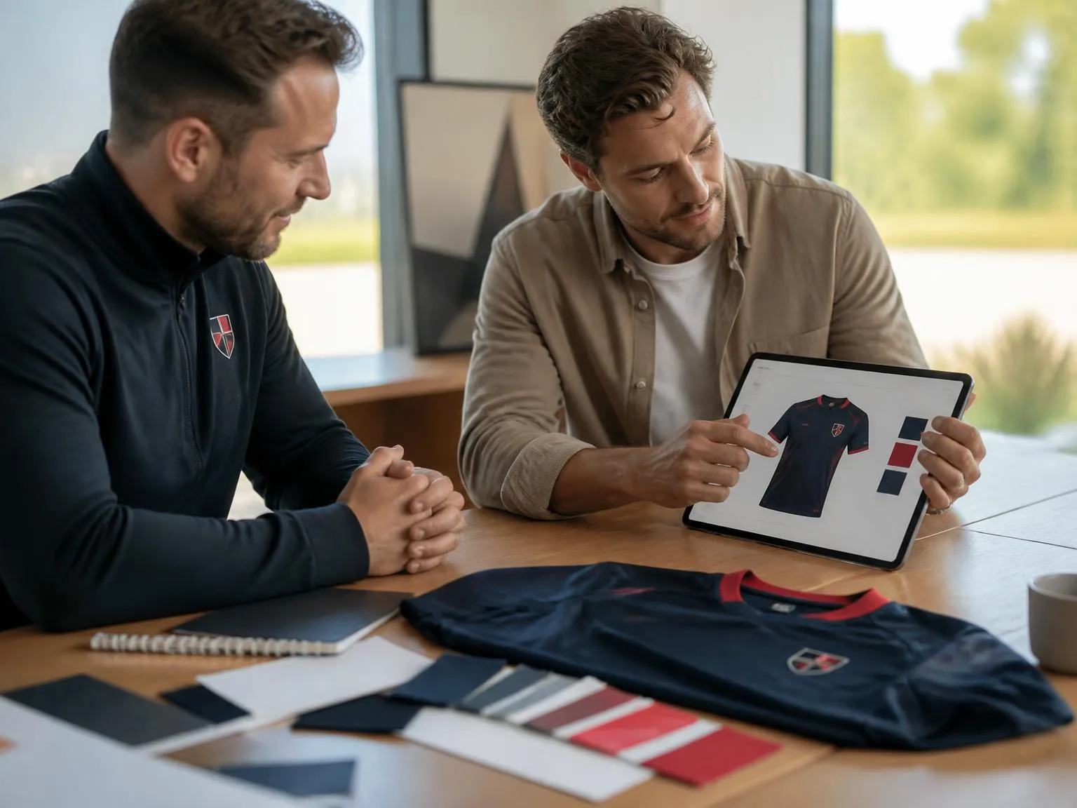 Beratungsgespräch zu Vereinsbekleidung mit Trikot-Mockup und Farbmustern