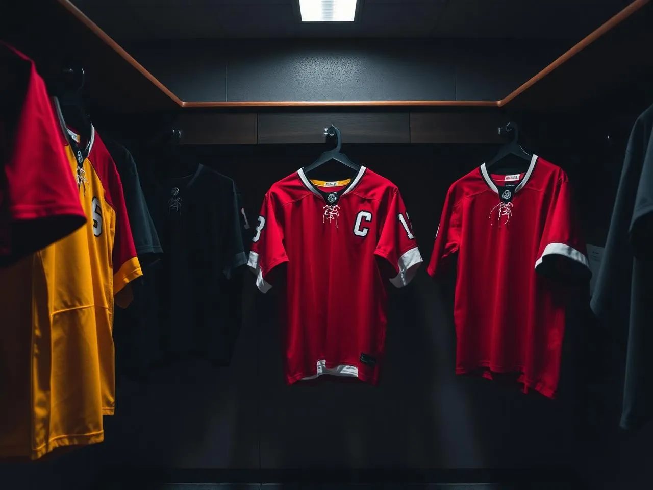 Eishockey-Trikots im Vereinsdesign in einer Garderobe
