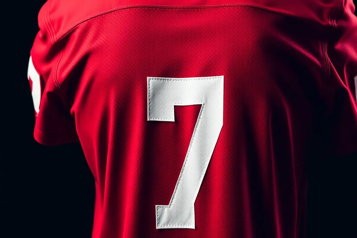 Detailaufnahme einer weissen Flock-Rückennummer auf rotem Fussballtrikot