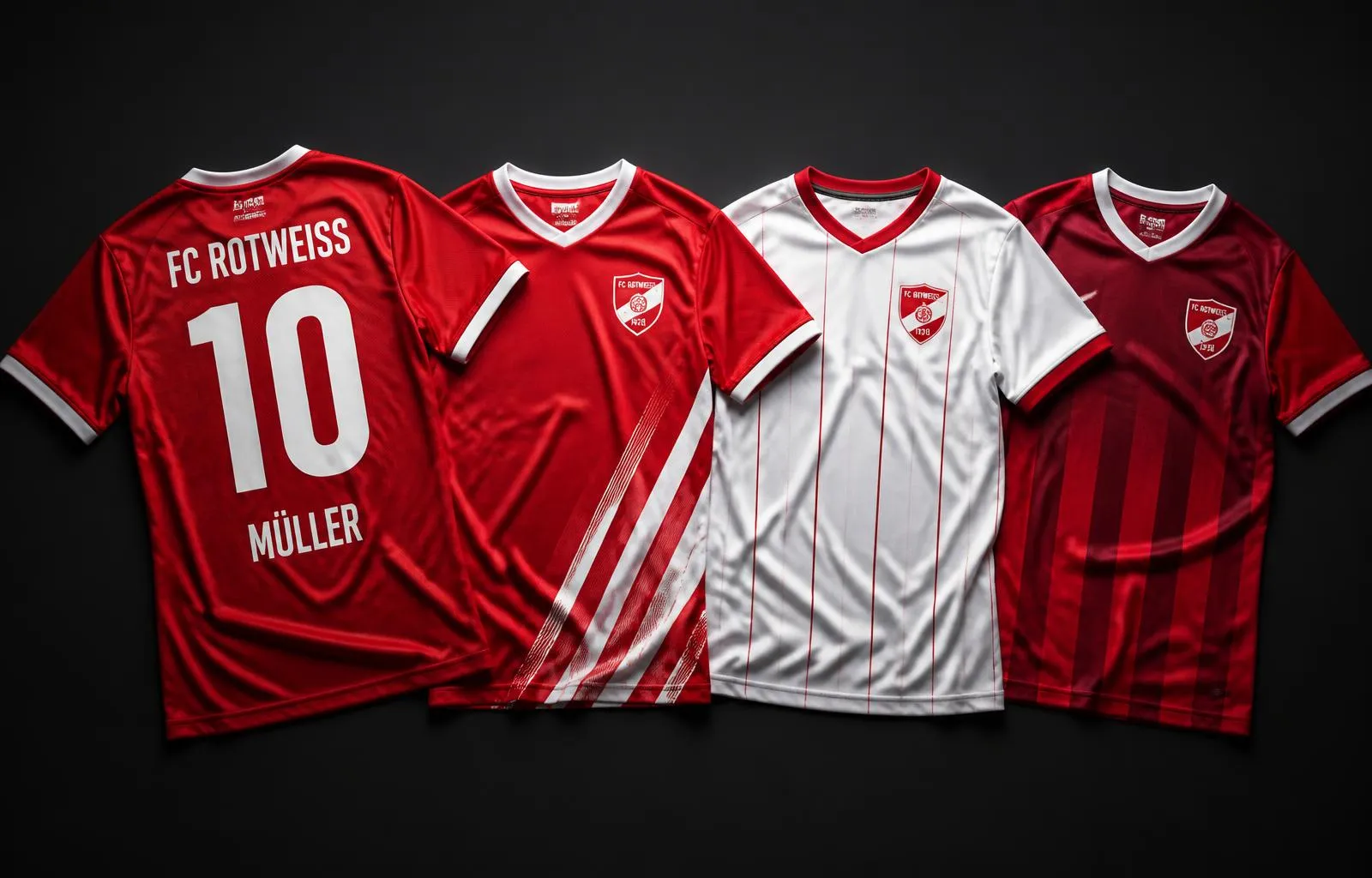 Rot-weisse Fussballtrikots mit Rückennummer, Spielername und Vereinswappen