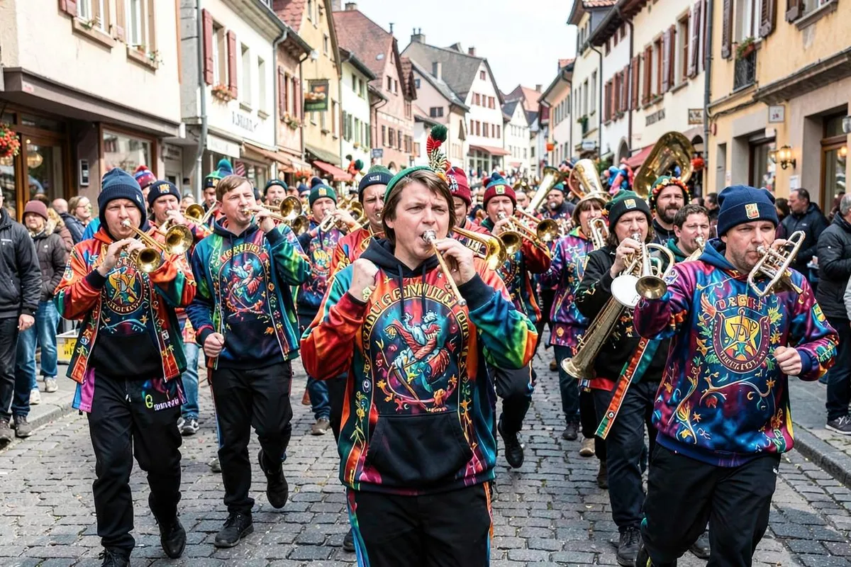 Guggenmusik in vollflächig bedruckten Sujet-Jacken beim Fasnachtsumzug durch eine Altstadtgasse