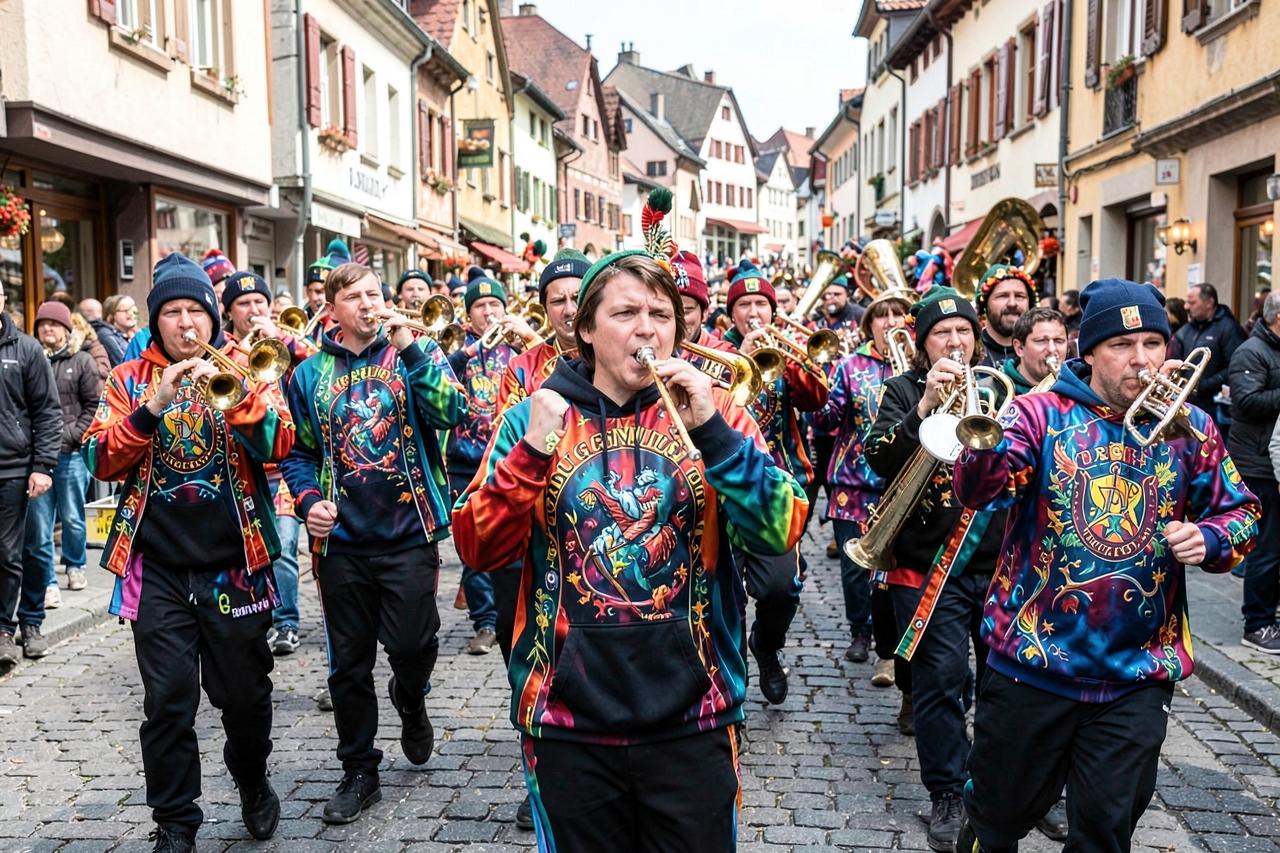 Guggenmusik in vollflächig bedruckten Sujet-Jacken beim Fasnachtsumzug durch eine Altstadtgasse