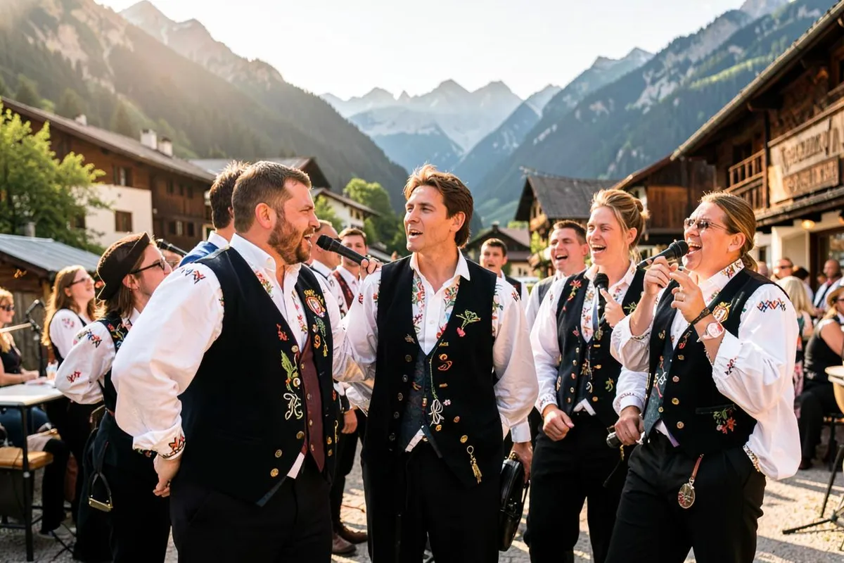Jodlerclub in bestickten Hemden und Westen mit Vereinsemblem bei einem Auftritt im Dorf