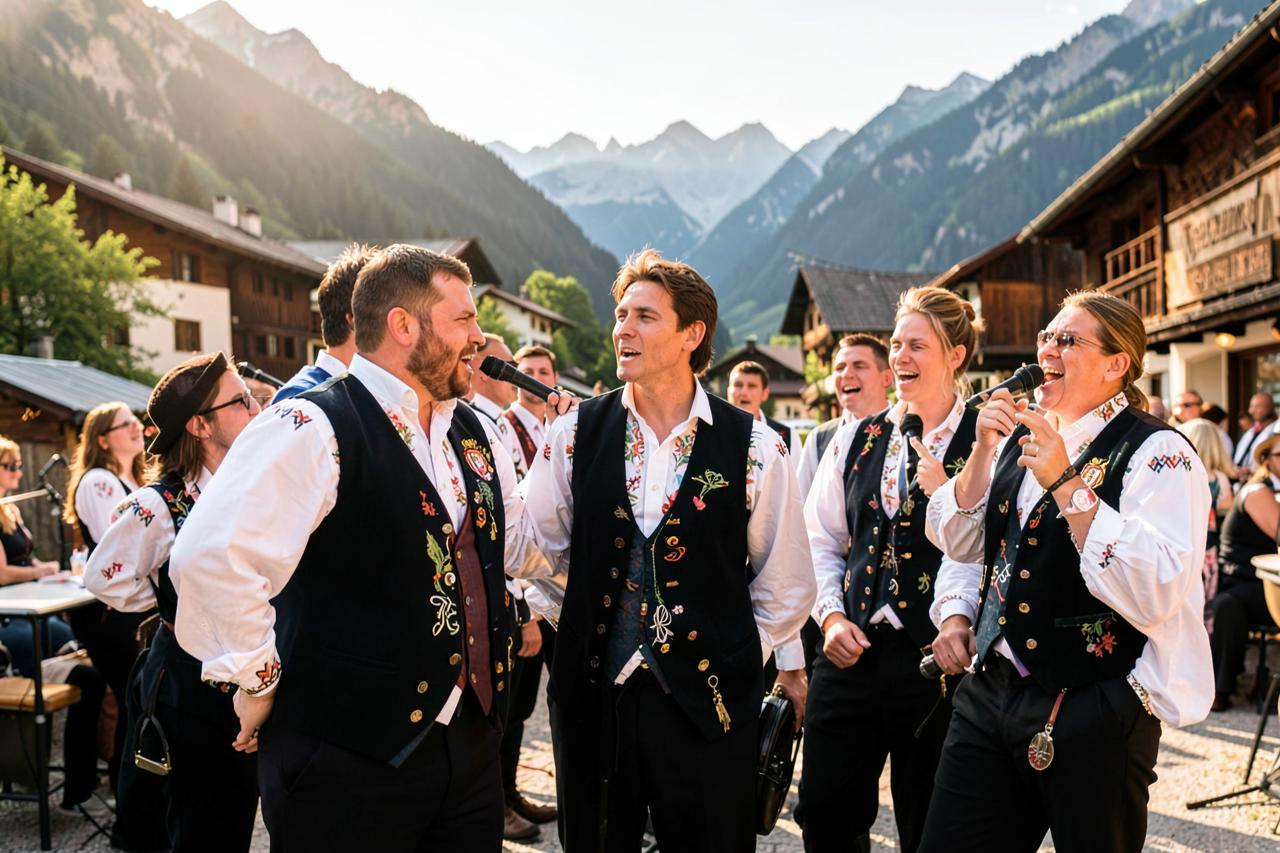 Jodlerclub in bestickten Hemden und Westen mit Vereinsemblem bei einem Auftritt im Dorf