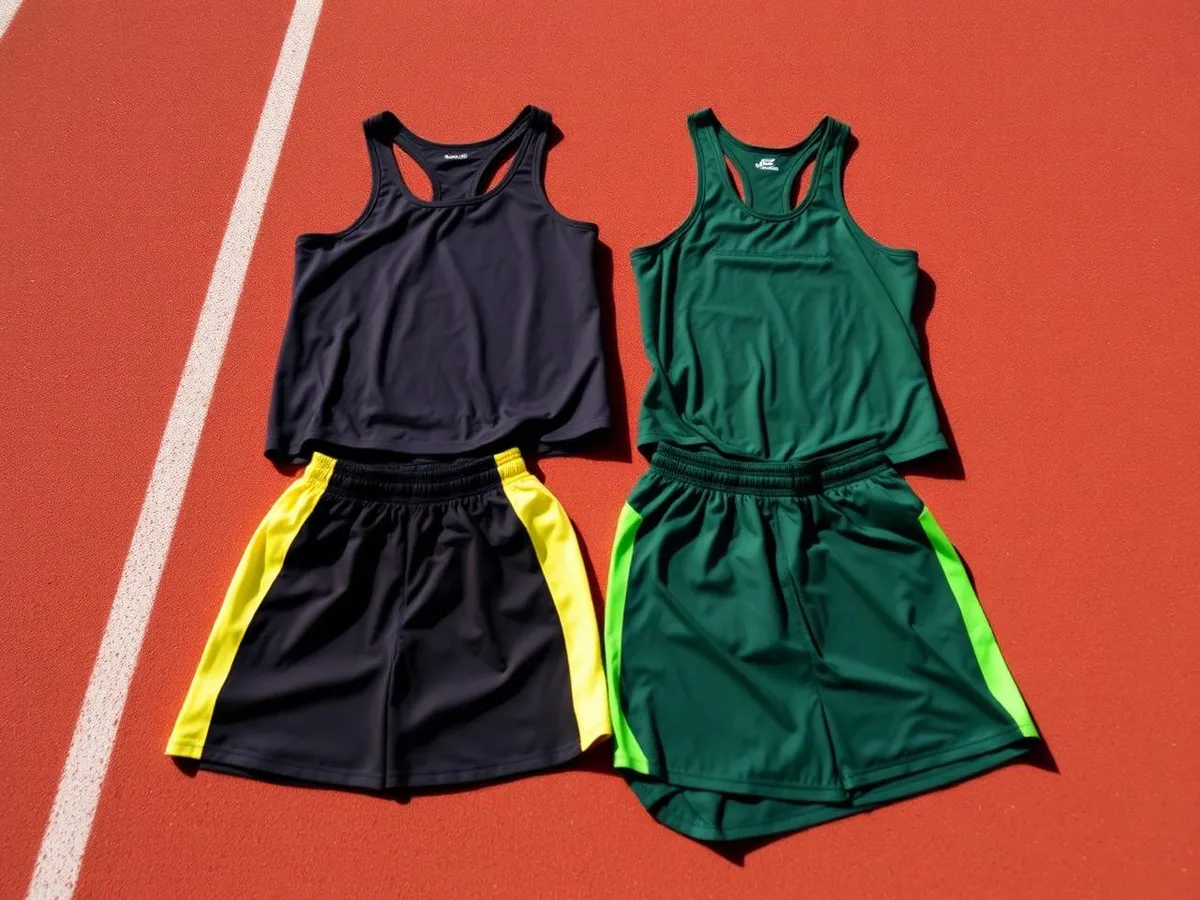 Leichtathletinnen und Leichtathleten eines Vereins in einheitlichen Wettkampfsinglets im Stadion