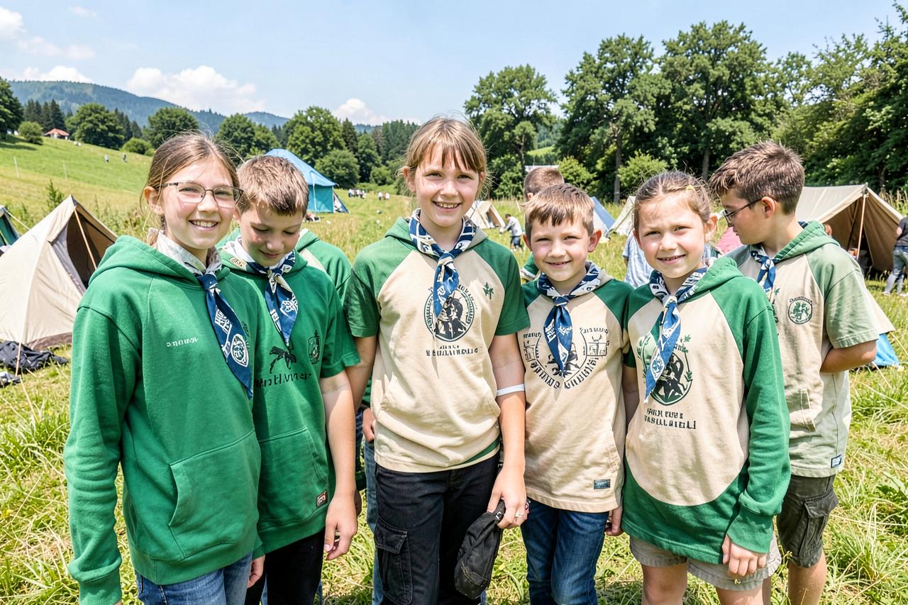 Pfadigruppe in einheitlichen bedruckten Lagershirts und Hoodies mit Halstuch auf einer Lagerwiese