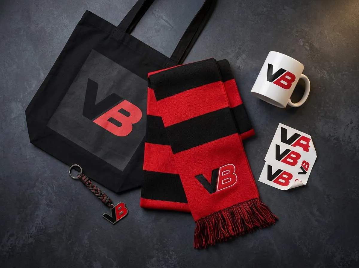 Fan-Merchandise mit Schal, Tasse, Tasche und VB-Stickern