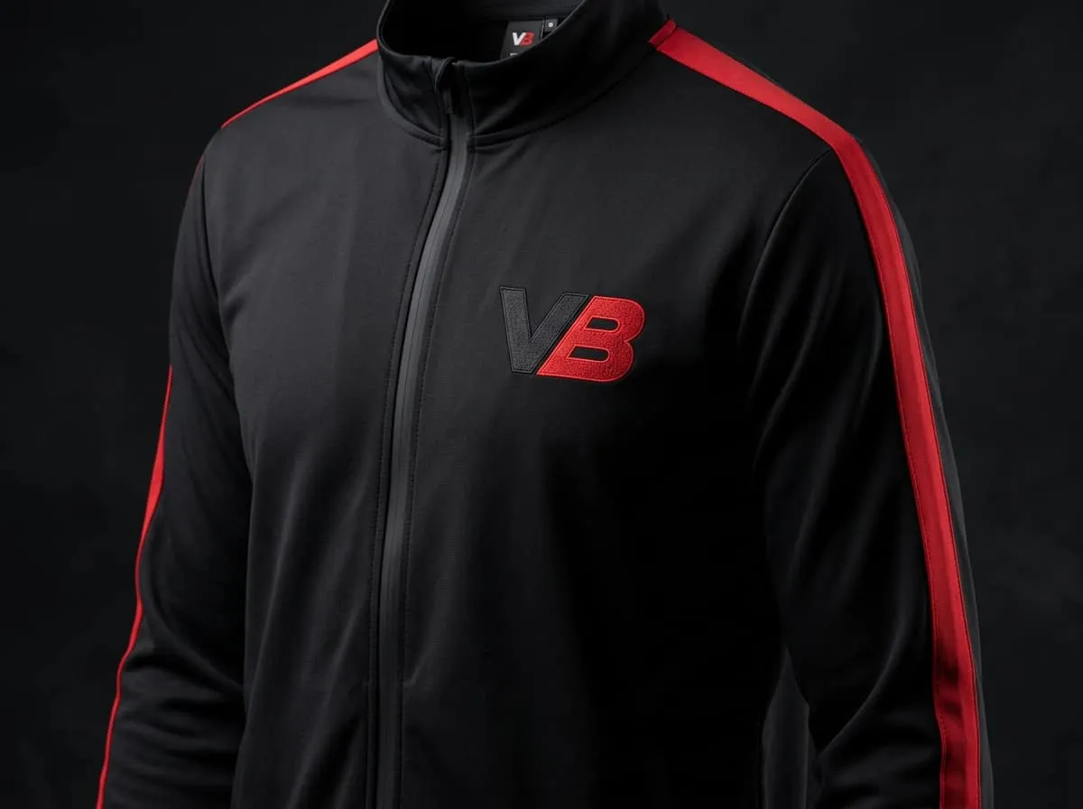 Schwarze Trainingsjacke mit roten Seitenstreifen und gesticktem VB-Logo