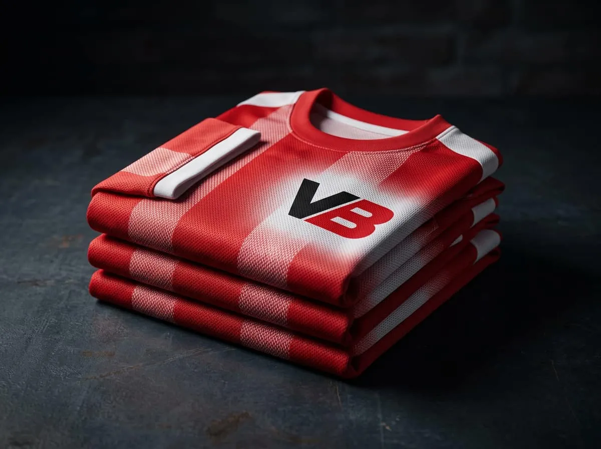 Gefaltete rot-weisse Vereinstrikots mit VB-Logo auf der Brust