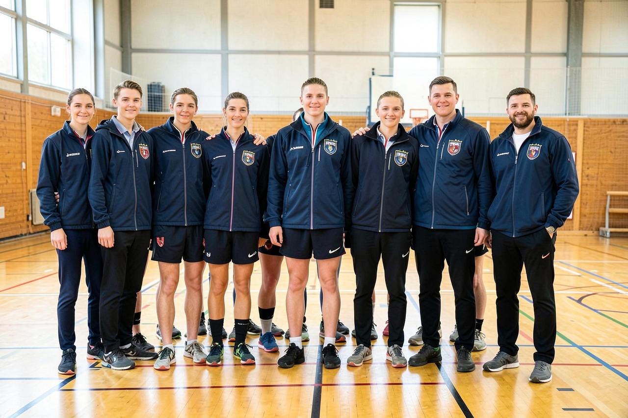 Turnverein in einheitlichen Trainerjacken mit Vereinsemblem in einer Turnhalle