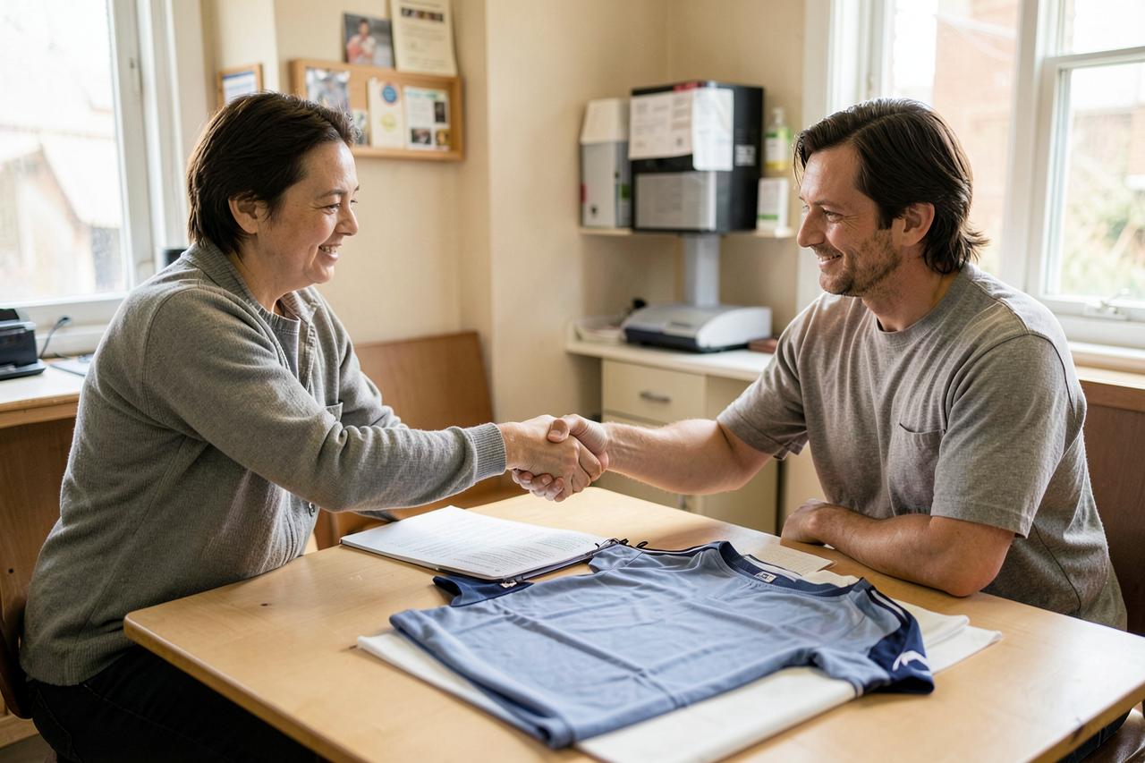 Handschlag zwischen zwei Personen an einem Tisch mit Unterlagen und einem einfarbigen Sporttrikot
