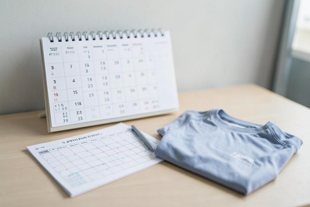 Wandkalender und Planungsblatt mit Stift auf einem Schreibtisch neben einem gefalteten Sporttrikot