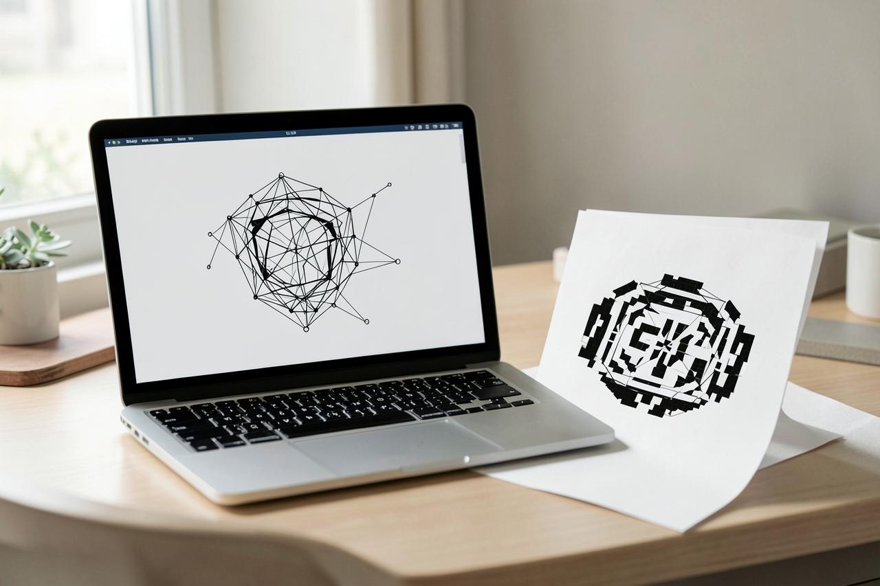 Laptop mit einem als Vektorpfad nachgezeichneten Vereinswappen neben einem verpixelten Ausdruck desselben Wappens